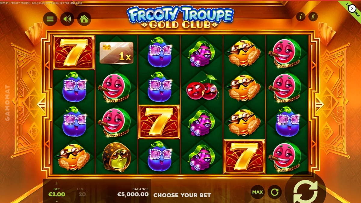 Tampilan visual slot Frooty Troupe – Gold Club dengan tema mewah.