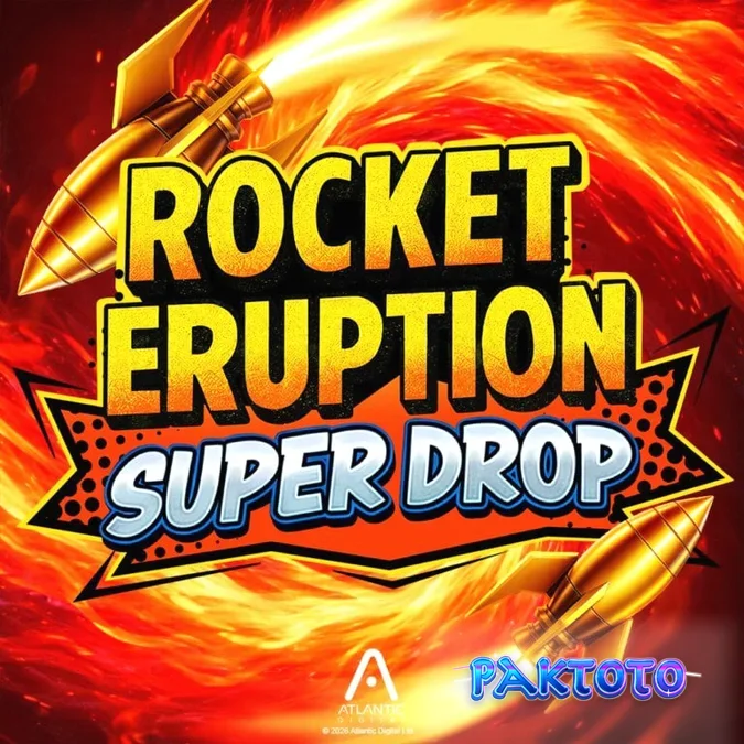 Tampilan layar permainan slot Rocket Eruption Super Drop dengan tema gunung berapi